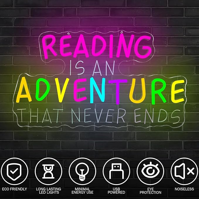 Colorful Reading Classroom Neon Sign Reading Is An Adventure That Never Ends Neon Light for Wall Decor School Classroom LED Sign for Kids' Room Read Corner Study Room Neon Wall Art for Teacher