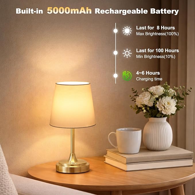 Wowag Small Cordless Table Lamp Rechargeable,5000mAh Battery Operated Desk Lamp,3 Colors & 7 RGB Stepless Dimmable,Touch Ambient Light for Bedside,Bedroom,Dining Room,Living Room,Gold,WhiteShade