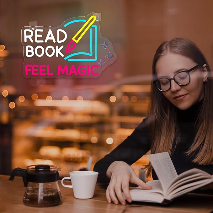 Read Book Feel Magic Neon Sign Led Pink Neon Signs for Wall Decor Colorful Neon Lights Dimmable Signs USB Light Up Sign Neon for Motivational Kids Gift Library Classroom Reading Room Bookstore Bookish Decoration