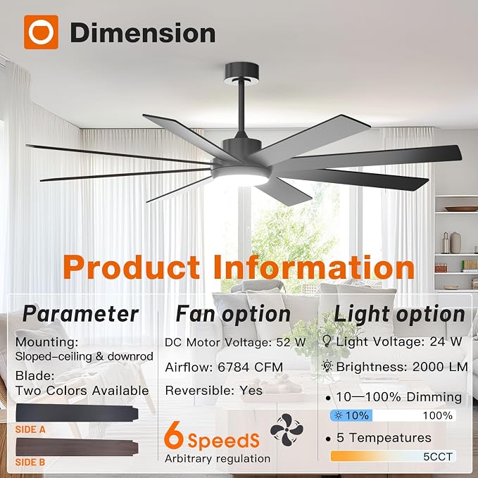 addlon 72 Inch Lagre Ceiling Fans with Lights and Remote Control,Black | Dimmable & 5CCT, Quiet 6-speed Reversible DC motor, Dual-Sided Blades, Bedroom, Covered Outdoor Spaces