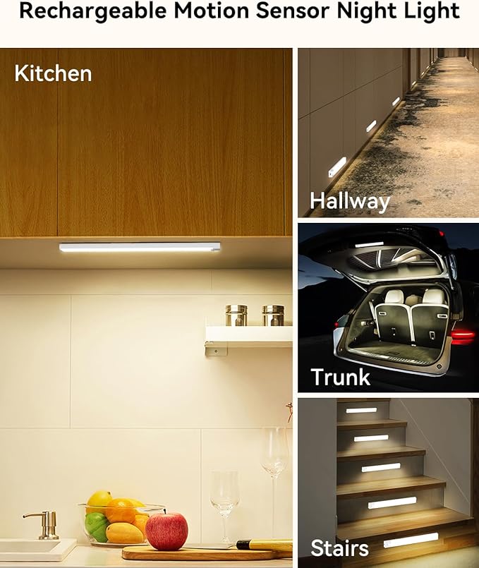 12 Packs Under Cabinet Lighting with 2 Charging Station 8 Inches, Rechargeable Motion Sensor Light Indoor, 3 Color Dimmable Closet Light, USB Led Stick on Under Counter Lights for Kitchen Shelf