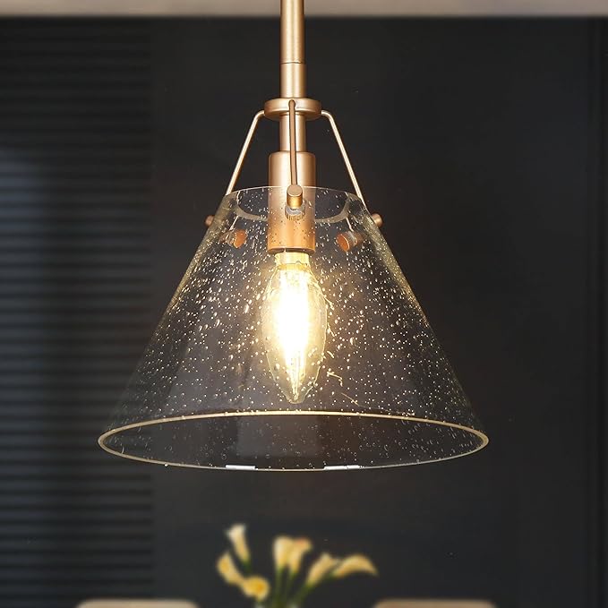 KSANA Pendant Light Fixtures, Gold Pendant Light Kitchen Island 1-Light Seeded Glass Pendant Lighting for Dining Room, Kitchen, Hallway, Bedroom, 7.9" Dia