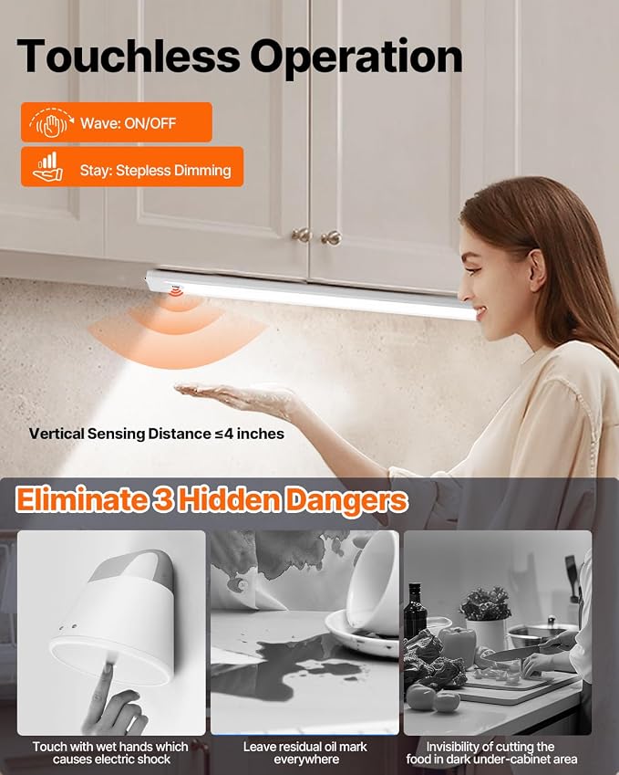 16 Inch Under Cabinet Light, Hand Wave Sensor 83 LED Indoor Cabinet Lighting, USB Rechargeable Cordless Closet Light, Stepless Dimming Under Counter Light for Kitchen, Shelves, Bedroom, 2 Pack