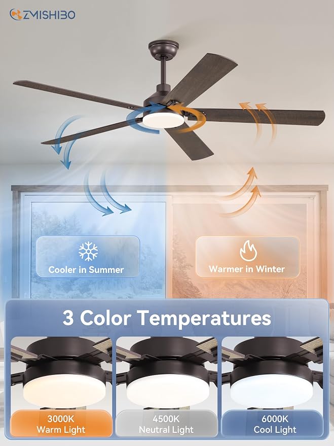 ZMISHIBO 60" Ceiling Fan with Light and Remote, Oil Bronze Farmhouse Indoor | Large Size, 3CCT, Downrod Mount, Rustic Dual Finish Blades, Quiet&Strong Motor, Memory Function for Bedroom, Living Room