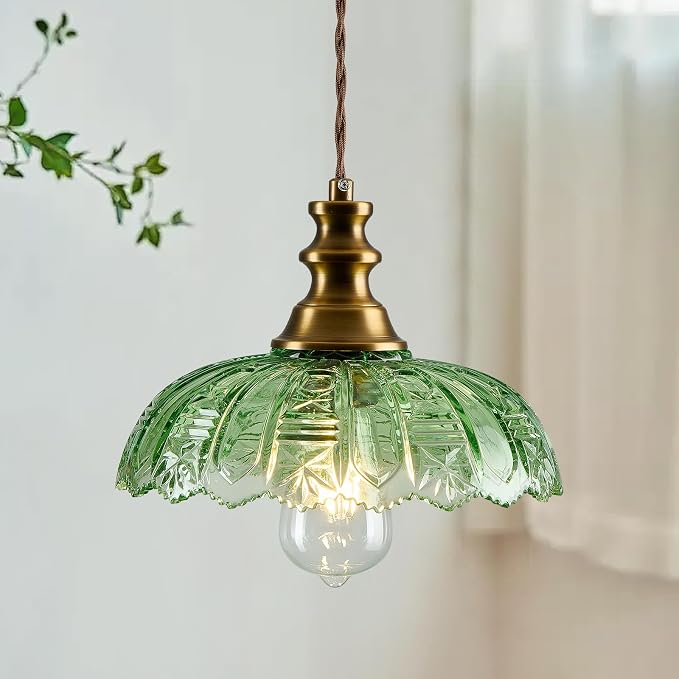 1-Light Pendant Light with Brass Gold Metal Green Glass Shade and Adjustable Cord Industrial Ceiling Hanging Light for Kitchen Island Bar Dining Room Bedroom Foyer Hallway Farmhouse