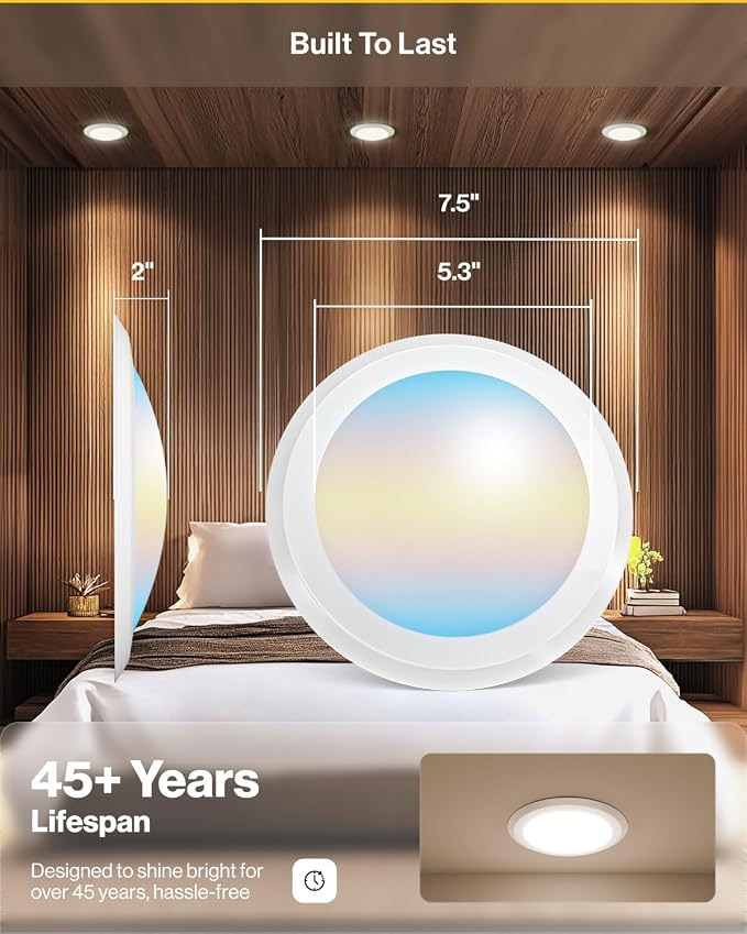 Sunco 80 Pack 6 Inch Flush Mount LED Disk Lights, 5CCT, 15W=75W, Dimmable | 1050LM, Selectable CCT 3000K/4000K/5000K/6000K/6500K, Low Profile Ceiling Can Lighting, 15W (75W Equivalent), Damp Rated ETL