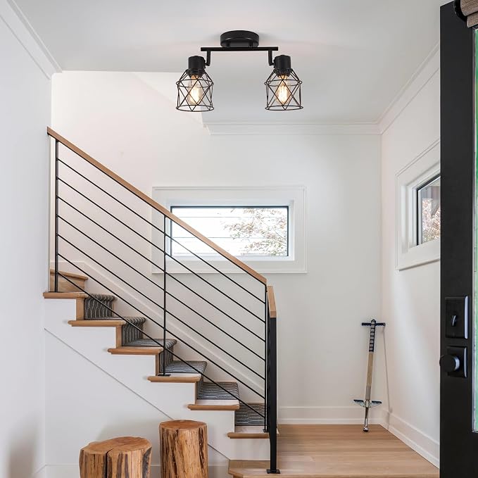 2 Lights Adjustable Multi-Directional Black Light Fixtures, Semi Flush Mount Ceiling Light, Kitchen Light Fixtures Ceiling Mount, Geometric Metal Cage Industrial Spotlight Fixtures for Dining Room