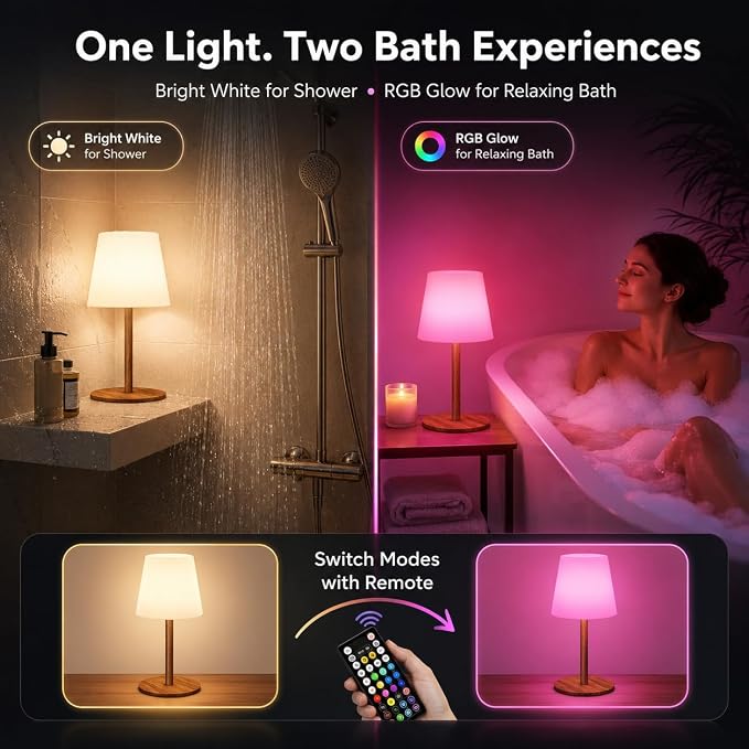 EZVALO Spa-Like RGB Shower Lamp – Waterproof Bathroom Lamp with Remote, Rechargeable Cordless Mood Light, 3 Color Temps & 80 RGB Colors for Relaxing Bathroom & Bathtub Experience (2 Packs)