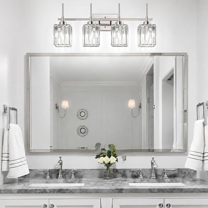 Torondo Modern Crystal Bathroom Vanity Light 4-Lights Chrome Bathroom Light Fixtures Over Mirror Vanity Lighting Fixtures Gold Square Shade Wall Sconce (Bulbs Not Include)