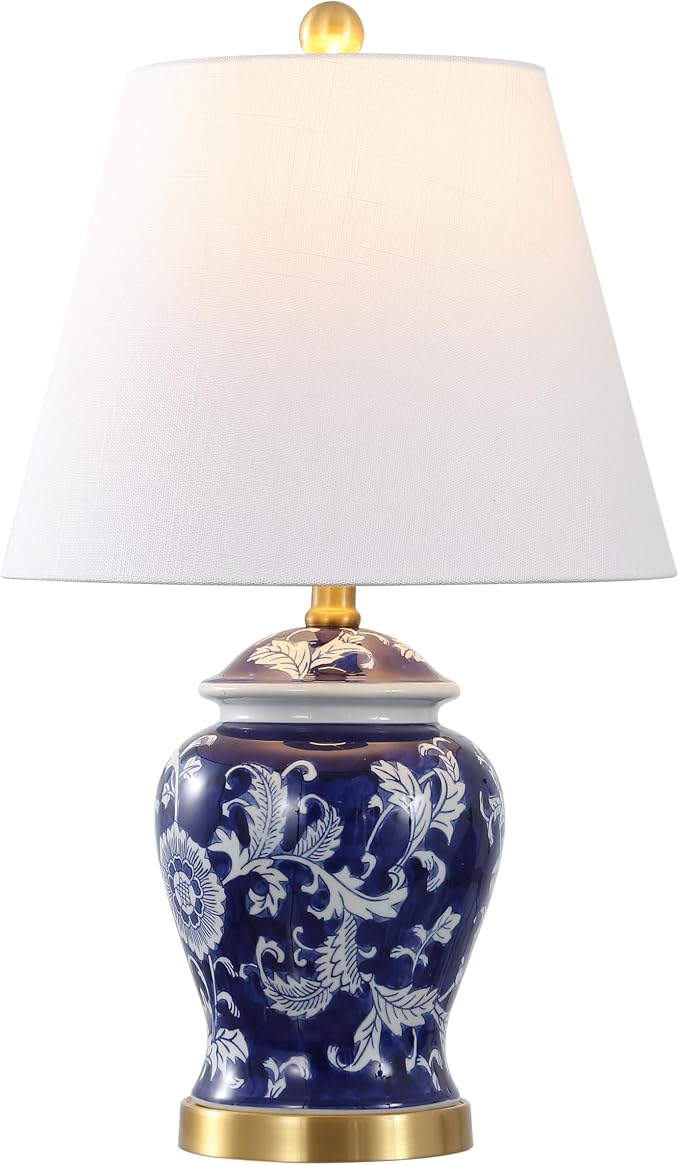 JONATHAN Y Penelope Ginger Jar 22" LED Table Lamp, Navy/White | Chinoiserie, Ceramic Metal Construction, French Country Traditional, Linen Empire Shade, Brass Gold, LED Bulb Included