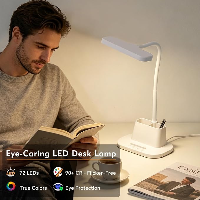 LED Desk Lamp for Dorm Small Desk Lamp with Pen Holder 5 Color Modes White | Dimmable Touch Control, USB Charging Port, Eye-Caring Reading Light for Home Office Table Study College Room Students