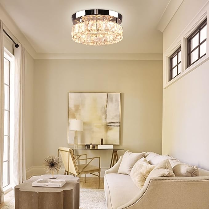 9.8" Modern Mini LED Chandelier Crystal Ceiling Light Flush Mount Light Fixture Ceiling Mount for Hallway Foyer Kitchen Closet (Warm White)