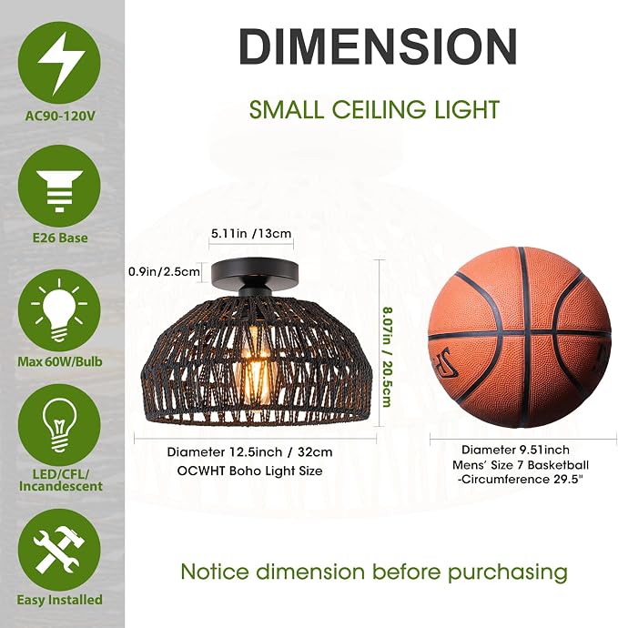 2 Packs Black Boho Light,Rattan Ceiling Lighting Fixtures Small Boho Lamp Shade Flush Mount Ceiling Light Hand Woven Chandelier for Entryway Bedroom Kitchen Nursery Lights