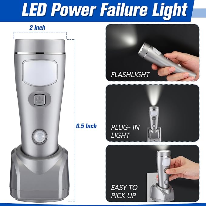 Enhon 4 Pack 4 in 1 LED Emergency Lights for Home Power Failure,Silver | Rechargeable plug-in flashlight, motion sensor night light, auto turn-on during blackout, hurricane supplies