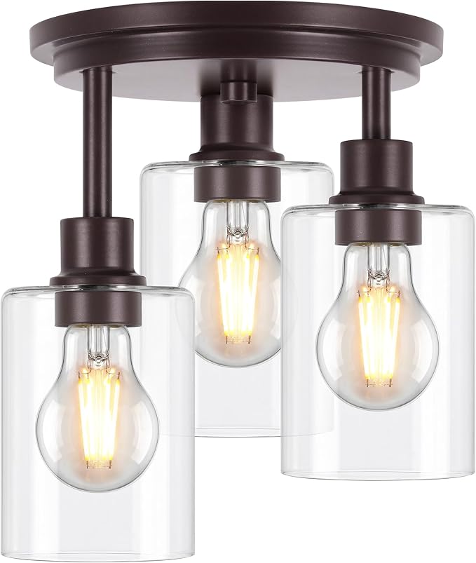 Semi Flush Mount Ceiling Light, 3-Light Close to Ceiling Light Fixtures, Vintage Oil-Rubbed Bronze Finish Kitchen Light Fixture with Clear Seeded Glass Shade Patriot Lighting for Entryway, 8.8"X11"