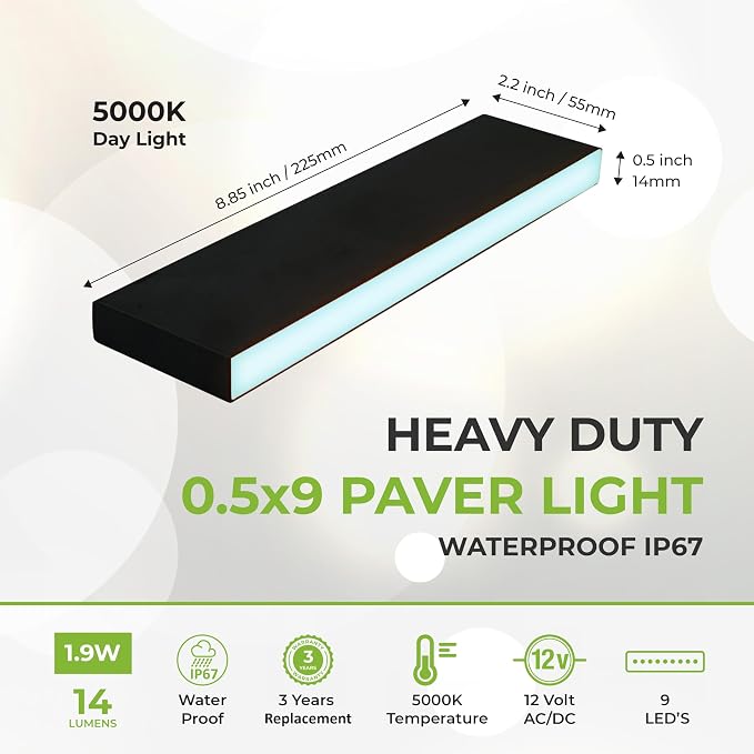 LUMENGY Paver Light Slim 0.5x9 Inch (0.55x8.85), 5000K Daylight, Glare-Free Linear Lighting for Driveways, Walkways and Paver Borders, 12V Hardwired, IP67 Waterproof, Drive-Over Rated