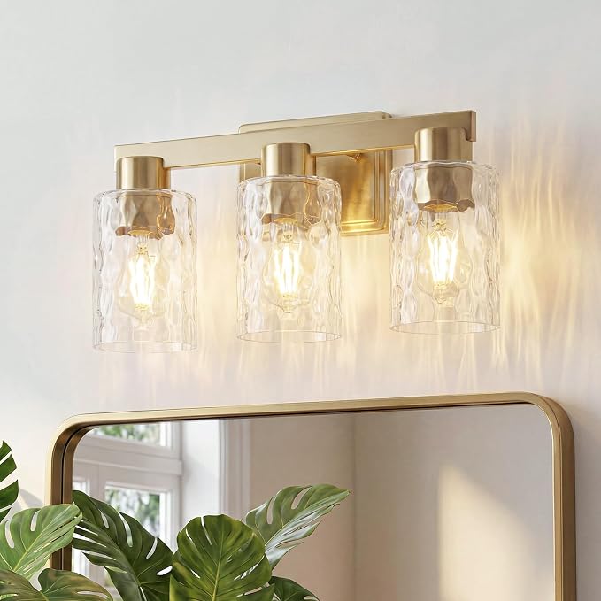 3-Light Bathroom Light Fixtures with Water Ripple Glass, Gold | Vanity Lights, Modern Wall Sconces, Over Mirror for Bathroom, Powder Room, Living Room