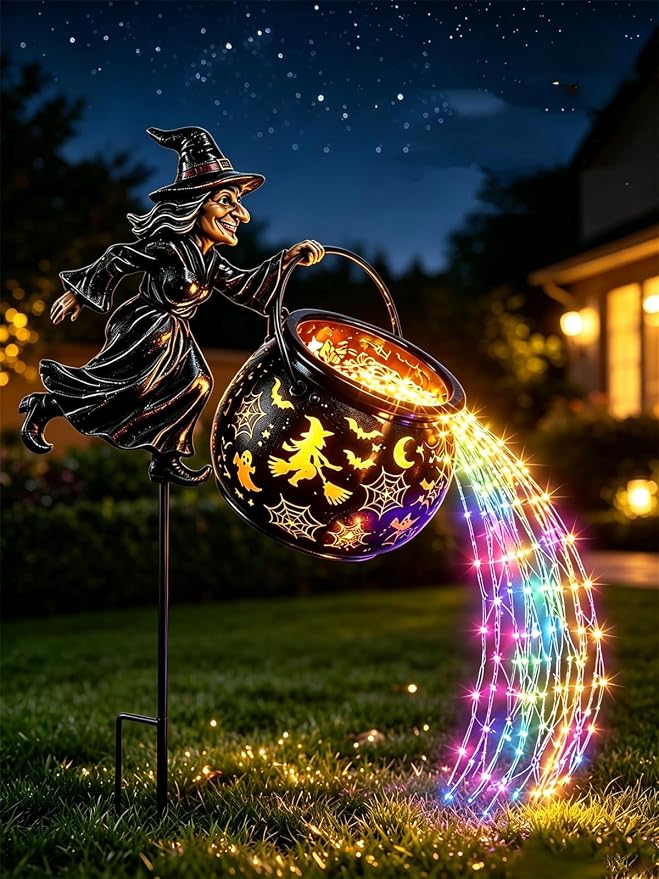Halloween Witch Cauldron Garden Light,33.5″ Witch Stake Garden Light | Total height of 33.5 inches, Includes 1*12m, 100-light solar-powered multicolored LED light strip, Waterproof
