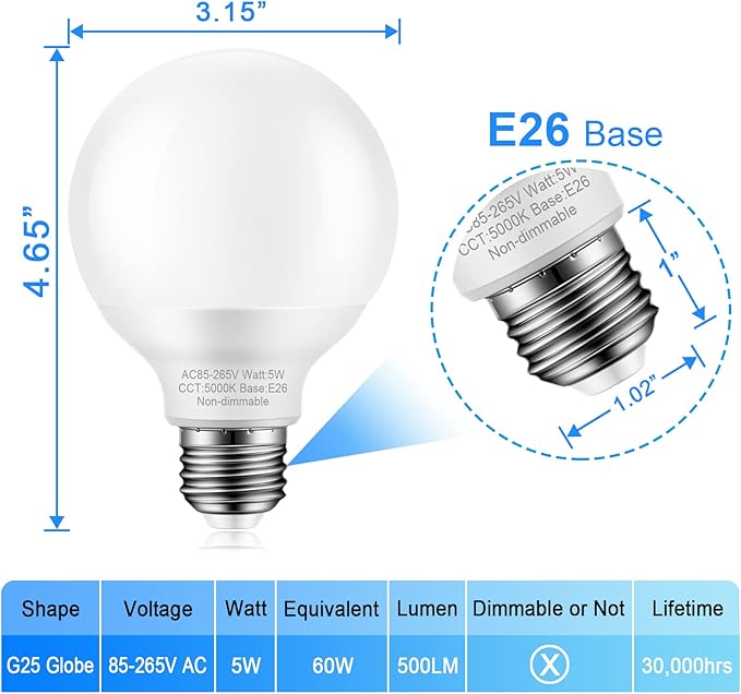 8 Pack Bathroom Light Bulbs, 60 watt Equivalent, E26 Medium Base, Daylight 5000K, G25 LED Globe Light Bulbs for Bathroom Vanity, 120V Round Light Bulb Over Mirror, Non-dimmable
