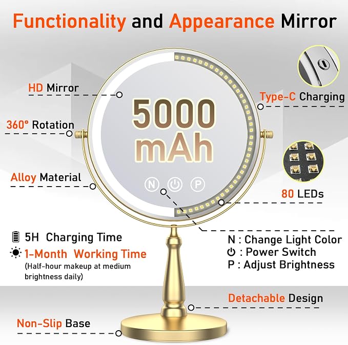 Vanity Mirror with Lights, 9'' Lighted Makeup Mirror, 1X/20X Double Sided Magnifying Mirror, 5000mAh Rechargeable, 3 Color Dimmable LED, 360° Rotation Desk Mirror for Makeup & Skincare, Gold