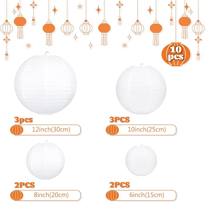 10pcs White Round Hanging Paper Lanterns, 4 Size | Chinese Paper Lanterns, Party Wedding Anniversary Decorations