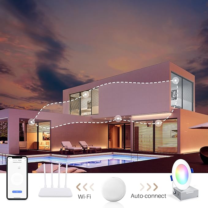 Peteme Smart LED Recessed Lighting 4 Inch, IC Rated ETL Certified Ultra-Thin Canless Recessed Ceiling Light with J-Box, RGBCW Color Changing Slim Downlight for Soffit, Work with Alexa, 10W 800LM 6Pcs