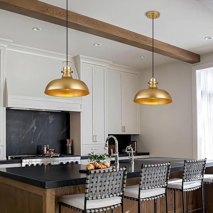 Gold Farmhouse Pendant Lights for Kitchen Island 16 Inch | ETL Certificate,Industrial Adjustable Height Vintage Dome Hanging Light Fixtures for Barn, Dining Room 2 Pack