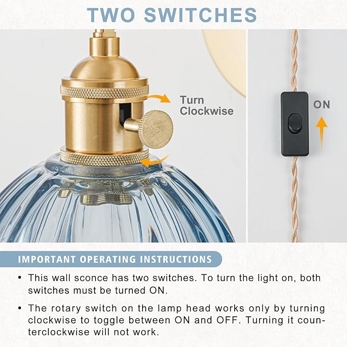 Plug in Wall Sconces Set of 2, Vintage Wall Sconce Light with Tulip Denim Blue Glass Lampshade, Bedroom Wall Sconce with Switch and Plug in wall lamp Cord, Gold Wall Light Wall Decor Set of 2