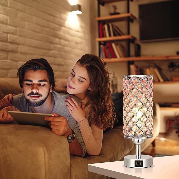 Hong-in Crystal Table Lamp, Pink Touch Lamp with USB C+A Ports, 3 Way Dimmable Bedroom Light with Crystal Shade, Bedside Nightstand Small Lamp for Girl Bedroom, Living Room(Buld Included)