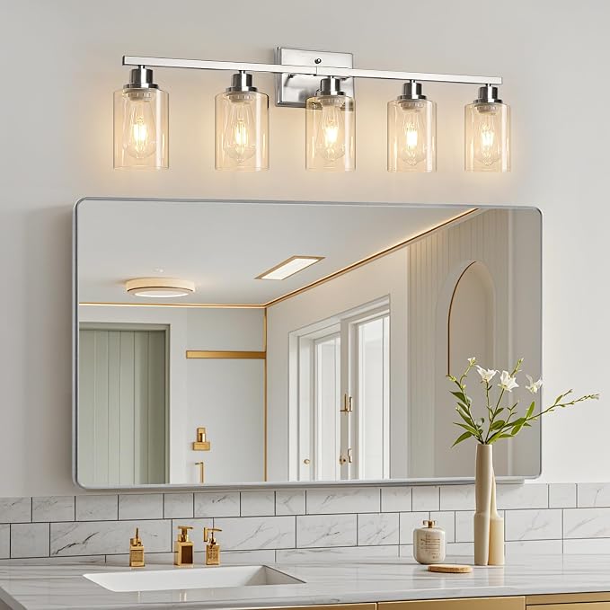 Ascher 5-Light Bathroom Light Fixtures, Modern Brushed Nickel Vanity Lights Over Mirror, Wall Lights with Clear Glass Shades for Hallway, Cabinet, Porch, Bedroom