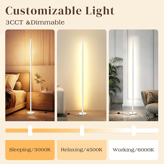 Corner Lamp, Minimalist LED Floor Lamp, White, 1 Pack | Remote Control, Dimmable, 24 W, 7 Color Temperature 3000K-6000K, For Living Room, Bedroom, Home Office