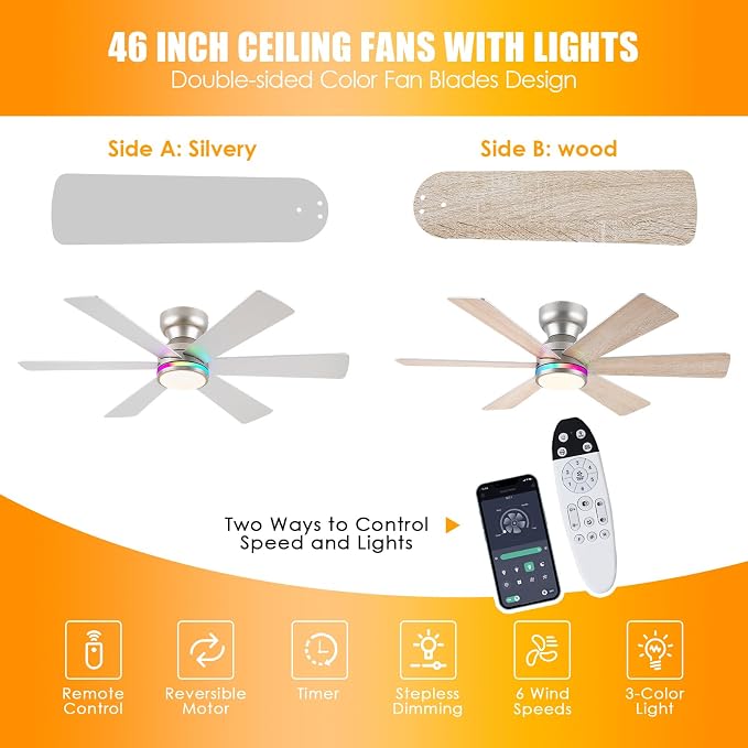 46" 6-Blade Silver Low Profile RGB Ceiling Fan with Light and Remote/APP | 11 RGB Modes,Reversible 6 Wind Speeds,Dimmable 3 CCT LED, 25W Quiet DC Motor,Timer,6 Double-Sided Blades,for Kidsroom Party