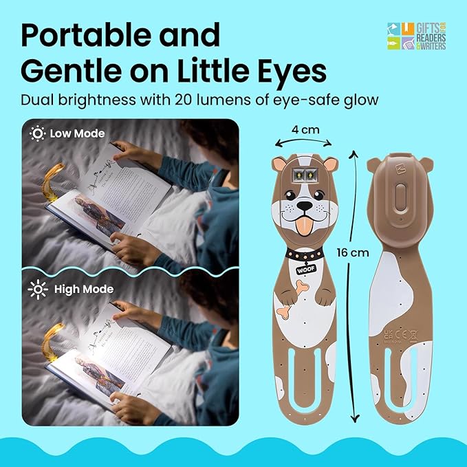 Gifts for Readers & Writers Rechargeable Book Light for Kids, Clip On Reading Light for Bed, 2in1 Flexilight Pals & Bookmark, 12 Hours of Light Once Charged, Includes USB Cable & 2 LED Lights, Dog