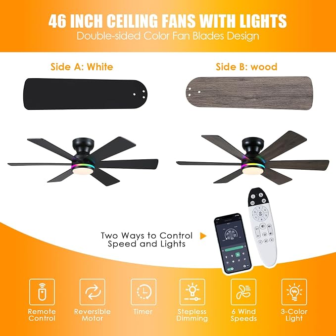 46" 6-Blade Black Low Profile RGB Ceiling Fan with Light and Remote/APP | 11 RGB Modes,Reversible 6 Wind Speeds,Dimmable 3 CCT LED, 25W Quiet DC Motor,Timer,6 Double-Sided Blades,for Bedroom Party