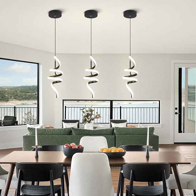 Modern Spiral LED Pendant Lights Kitchen Island, 22W Adjustable Height Hanging Light Fixture 5500K Black Chandelier for Dining Room Cafe Table, 3 Pack