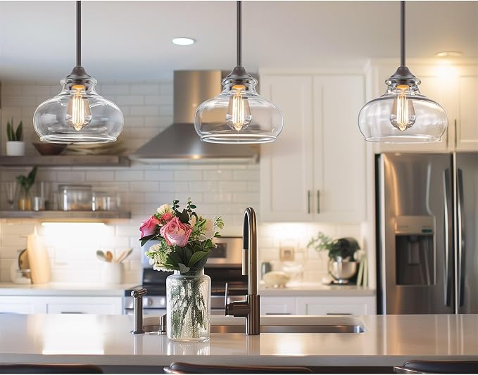 Kira Home Harlow 9" Modern Schoolhouse Pendant Light for Ktichen Island | Clear Glass Shades, Industrial Farmhouse Hanging Fixture, Classic Oil Rubbed Bronze Finish