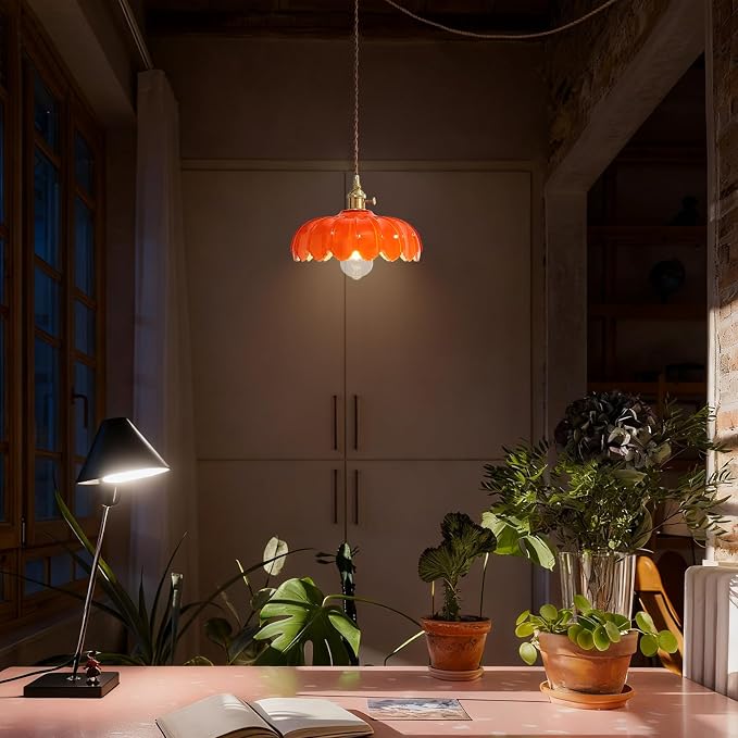 XZHGCEE Plug in Pendant Light: Hanging Light Plug in Orange Glass Hanging Lamp, Pendant Lighting for Kitchen Island, Bedroom, Dining Room, Living Room, E26 No Bulb