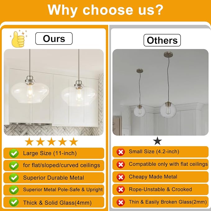 Modern Pendant Lights Kitchen Island, Brushed Nickel Pendant Light Fixtures with 11" Clear Glass Shade, Industrial Hanging Pendant Lights Fixture for Kitchen Island Dining Room Bedroom Foyer Entryway