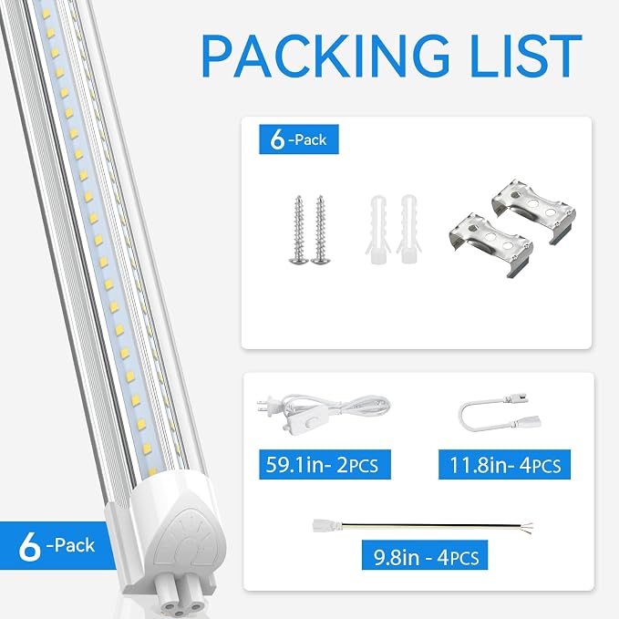 (6-Pack) CNSUNWAY LED Shop Lights 2FT, V-Shaped Linkable 22W 3300LM 5000K | Under Cabinet Lighting, T8 Tube Light Fixtures, Shop Light for Workbench, Kitchen, Workshop, Plug and Play, ETL Listed