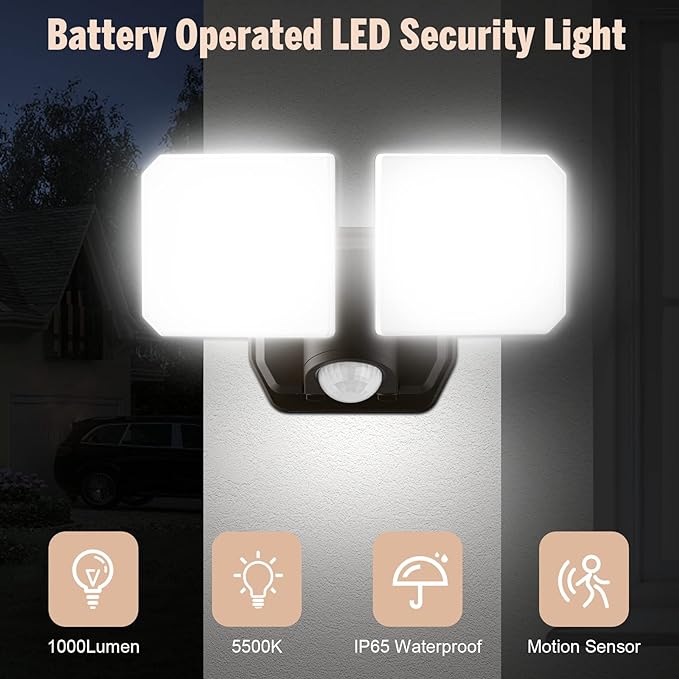 Battery Powered Motion Sensor Security Light(2 Pack),5000K 1000LM High Brightness,6 -Month Battery Life,No Wiring Installation,49FT Sensing Distance,Indoors or Outdoor Used