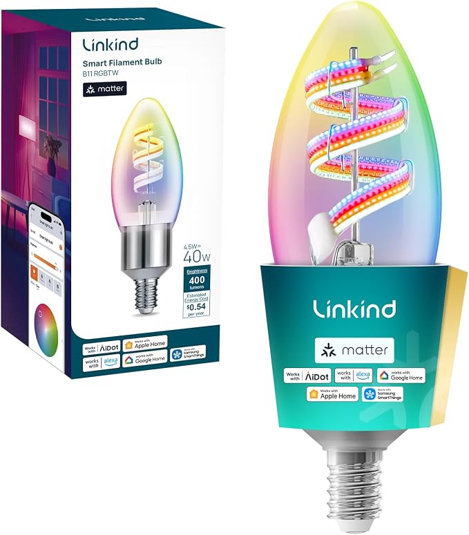 Linkind E12 Led Bulb, RGBTW Color Changing Matter Smart Light Bulbs,1 Pack | Work with Alexa/Apple/Google Home, 40W RGBTW Smart Filament Bulbs for Chandelier, 2.4Ghz WiFi Only Candelabra Bulbs, 400 LM