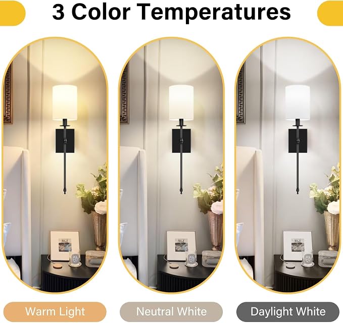Battery Operated Wall Sconces Set of 2, Rechargeable Sconces with Remote | Black Wall Lights with White Fabric Shade, Dimmable Wireless Wall Lamp with RGBWW Bulbs for Bedroom Living Room Hallway Decor