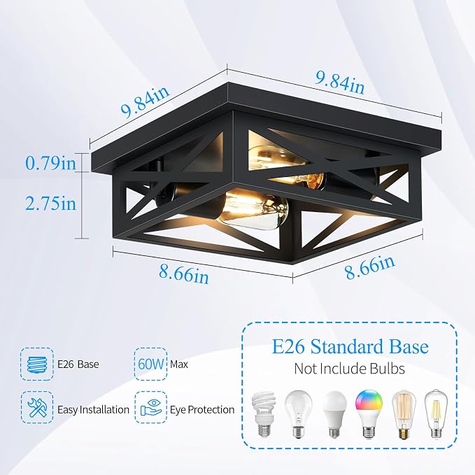 SKEJAO Black Flush Mount Ceiling Light Fixture,Square Hallway Light Fixtures Ceiling,Light Fixtures Ceiling Mount for Farmhouse,Kitchen,Hall,Bedroom,1 Pack