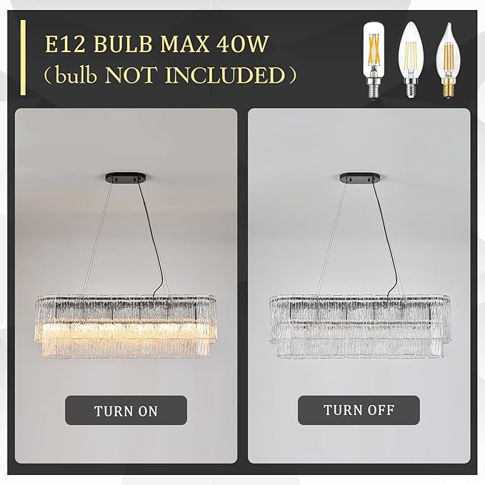 Black Rectangle Chandeliers for Dining Room Modern Crystal Glass Island Light 6-Light Chandelier Luxury Rectangular Linear Hanging Pendant Light Fixture for Kitchen L35.5”