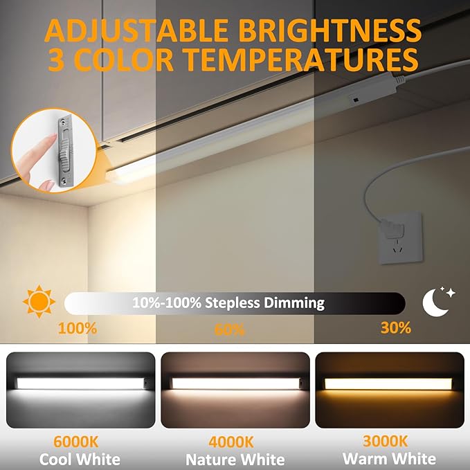 16 Inch Under Cabinet Lights with Hand Wave, 2 Pack Under Counter Light with Dimmable and Colour and Brightness Adjustable Over The Sink Lighting,LED for Kitchen Cabinet with Wire and Plug, Cupboard