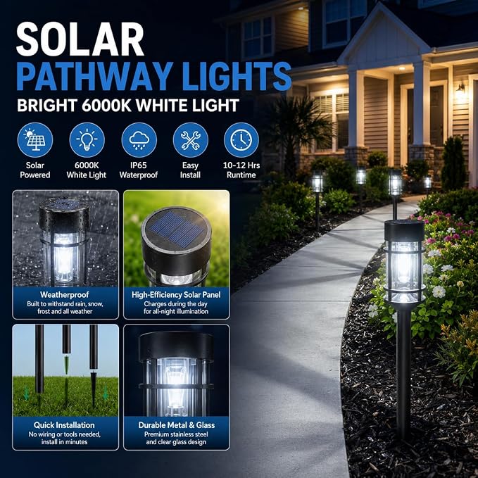 ILANCK 12 Pack Solar Lights Outdoor Pathway, Metal & Glass 21" Large Solar Pathway Lights, Solar Powered Garden Lights for Yard, Landscape, Driveway Walkway