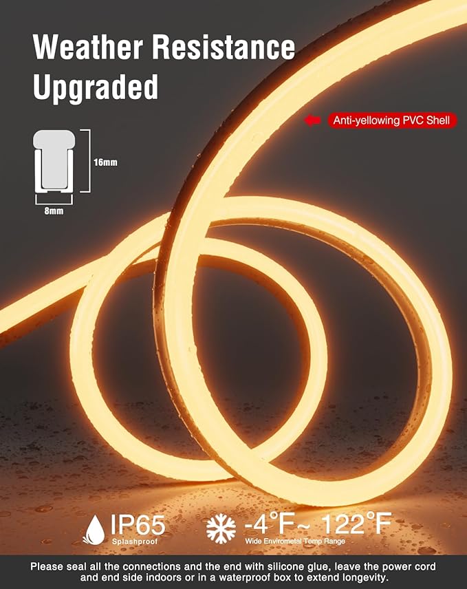 LED Neon Rope Lights AC 120V, Expandable & Cuttable 120LEDs/M Bright Strip Lighting, ETL Cold-Resistant & IP65 Waterproof for Indoor Outdoor, 8x16mm, 2500K Warm White, 16.4ft