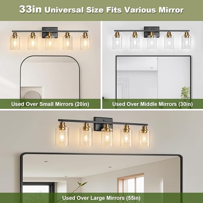 Modern Bathroom Light Fixtures, 5 Light Vanity Lights Over Mirror, Black and Gold Wall Lamp with Clear Glass for Living Room Cabinet Bedroom Porch