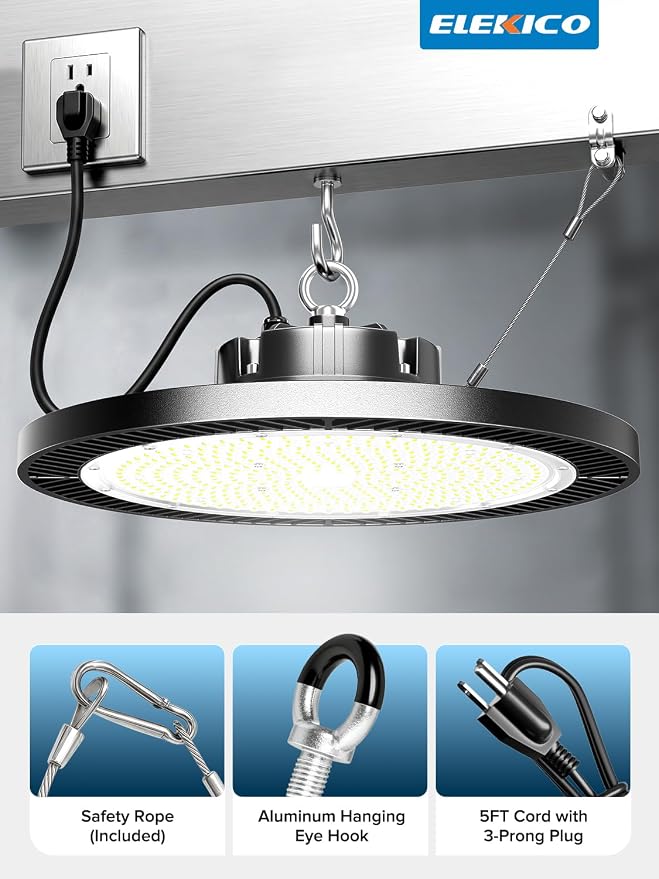 ELEKICO 200W Highbay Led Shop Light 32000LM 5000K 110V-277V Shop Lighting | Industrial-grade UFO LED High Bay Light for Upgrade auto Shop DIY Garage Warehouse Metal Workshop Farm Barn