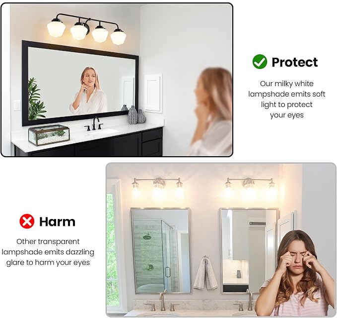 RUIYEY Bathroom Vanity Light Fixtures: 4-Light Matte Black Bathroom Lighting Fixtures Over Mirrors, Farmhouse Rustic Wall Sconce with Milky White Glass for Bath Living Room Cabinet